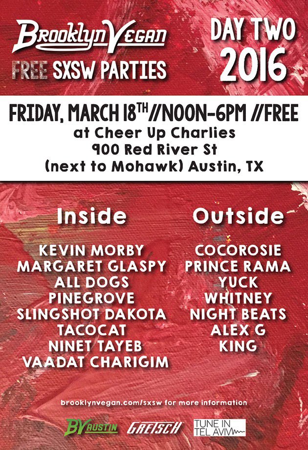 Day 2. Free <a href="/BVSXSW/">BrooklynVegan @ SXSW</a> #SXSW day party. noon-6pm on 2 stages @ Cheer Up Charlies. KING at noon brooklynvegan.com/brooklynvegan-…