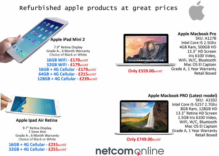 IT_networksUK's tweet photo. Great prices on refurbished #Apple products at #Netcomonline 
https://t.co/NIyMuMTBhb] https://t.co/pVfmrzpff8
