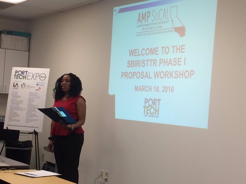 Spyfor's tweet image. Libby Williams from @AMP_SoCal introducing the #sbir workshop at @porttechla