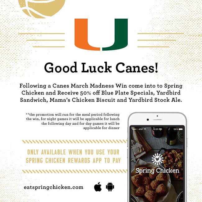 EatSpringChick's tweet photo. The Canes won yesterday so that means half off select items in store today! #EatSpringChickenCG #GoCanes #CanesWin https://t.co/NRqRIGoHBw