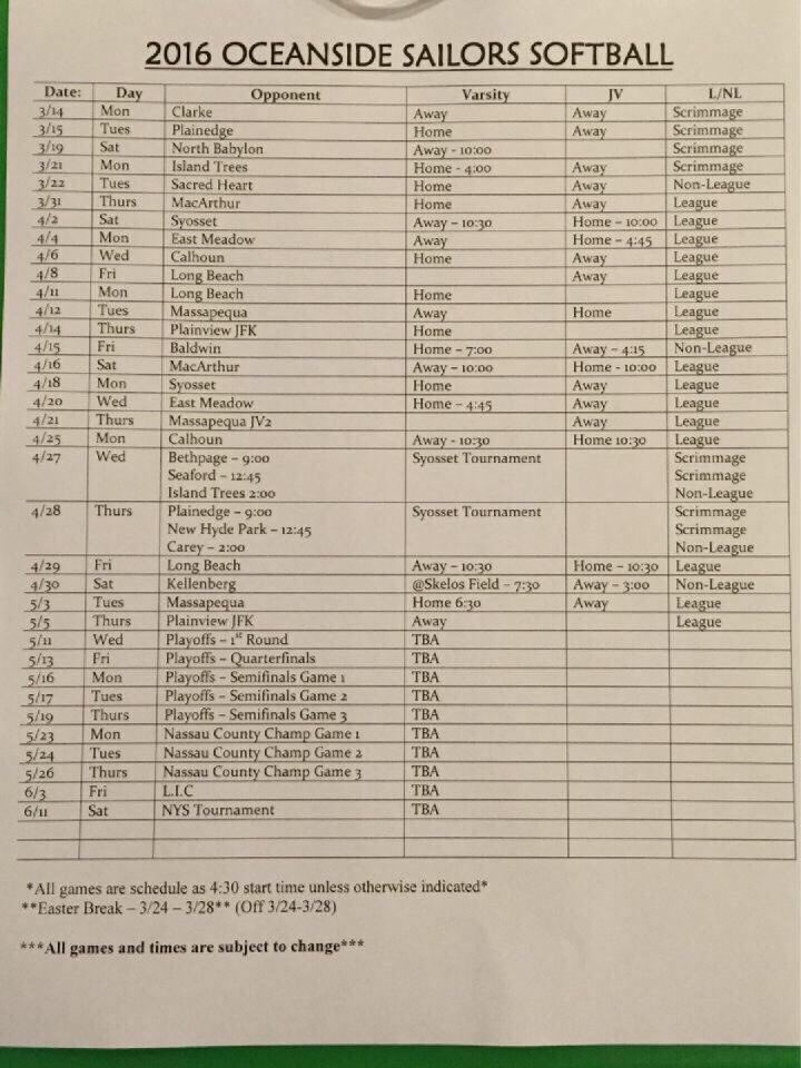 OsideSports's tweet photo. The schedule for your 2015 NASSAU COUNTY CHAMPION Softball team!! #OSoftball #TitleDefense https://t.co/C5cnTalrRl