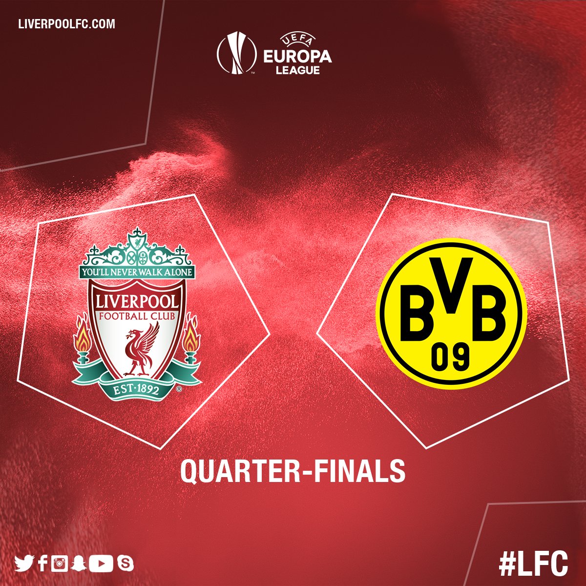 LFC's tweet image. #LFC have been drawn to face @BVB in the quarter-finals of the @EuropaLeague.