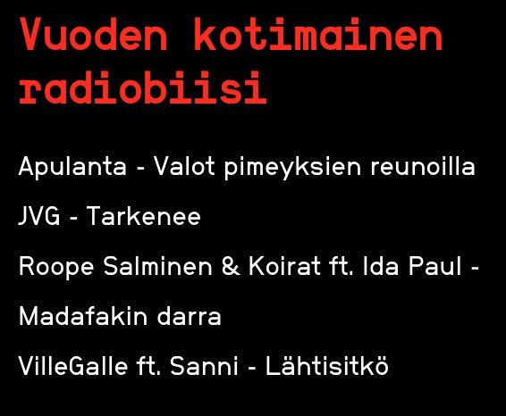 rsjakoirat's tweet image. Ehdokkaat Vuoden kotimaiseksi radiobiisiksi tän illan Radiogaalassa. 🙊 #madafakindarra #radiogaala