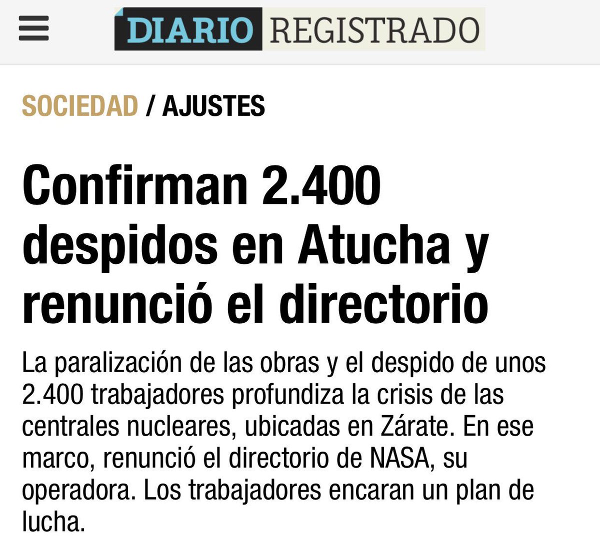 wadodecorrido's tweet image. 2400 despidos en Atucha. Menos trabajo, menos energía y soberanía, ese es el plan de Macri diarioregistrado.com/sociedad/confi…