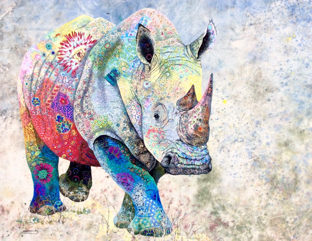 Southern white rhino textile embroidered art. <a href="/aurifil/">Aurifil</a> <a href="/alexveronelli/">Alex Veronelli</a> <a href="/justplainlovely/">Erin Sampson</a> <a href="/AurifilBrad/">Brad Mitchell</a> <a href="/KaffeFassettStu/">Kaffe Fassett Studio</a>