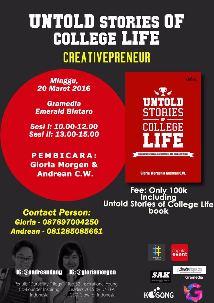 seputarkampus's tweet photo. 20/3/16 Talkshow 'Creativepreneur' bersama penulis buku Untold Stories of College Life @gloriamorgen &amp; @dadanglord https://t.co/NIbw0qCild