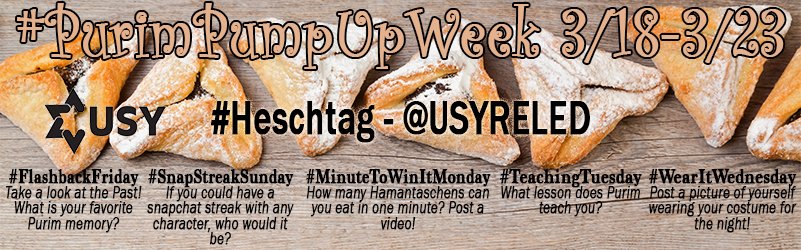 USYTweets's tweet photo. Today begins #PurimPumpUpWeek! Don't forget to include #FlashBackFriday, #YourRegion, and #Heschtag. https://t.co/6vIK27PY7f