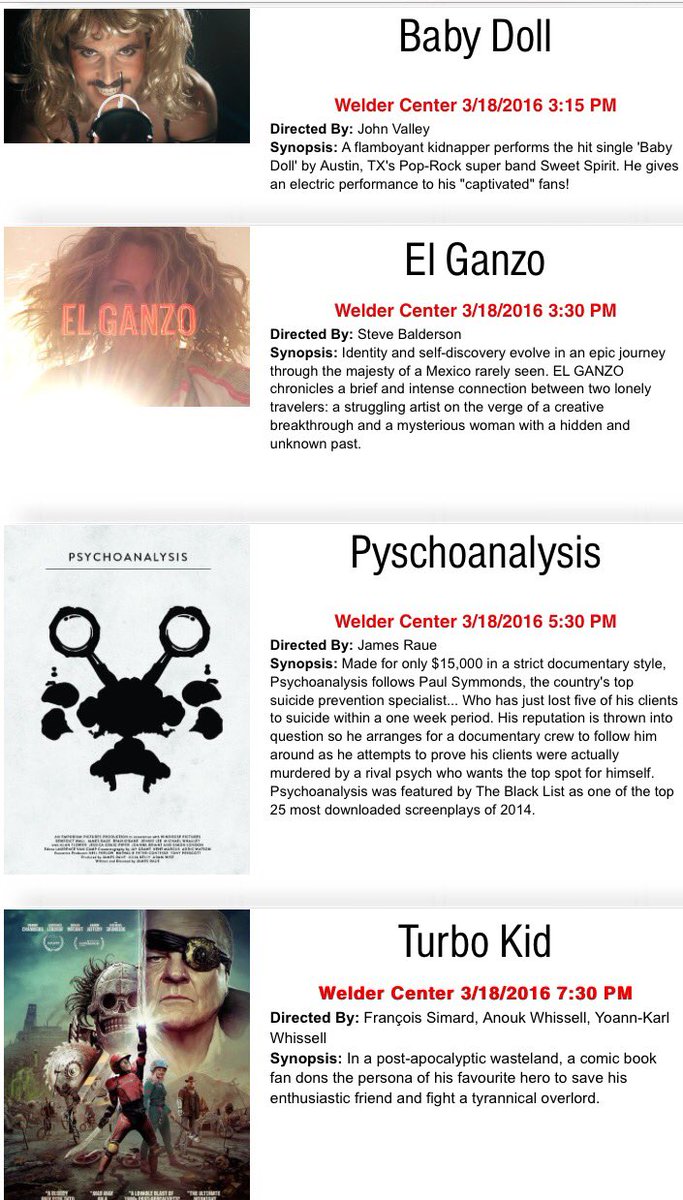 VTXIFF's tweet photo. Today's film lineup- Baby Doll 3:15, El Ganzo 3:30, Psychoanalysis 5:30, Turbo Kid 7:30 #vtxiff #filmfestival https://t.co/XpDRTpwIas