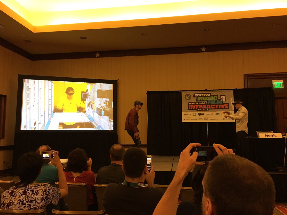 johnharrison1's tweet photo. Geeking out at NASA live demo of #HoloLens VR walkthrough of space station. Stunning technology. Wow!#SXSW2016 #VR https://t.co/Ngvkdc1s0r