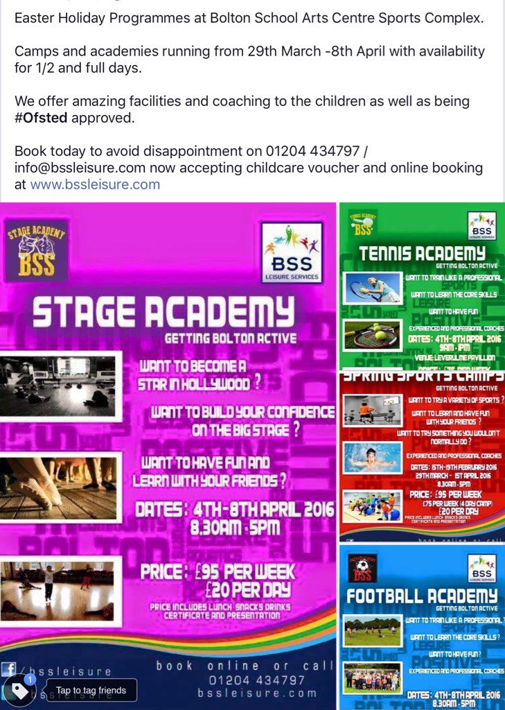 BSSLeisure's tweet photo. Easter Holiday Programmes running from 29th March - 8th April book online https://t.co/dzucMo0c0e #QualityMatters https://t.co/tp0qH61zA4