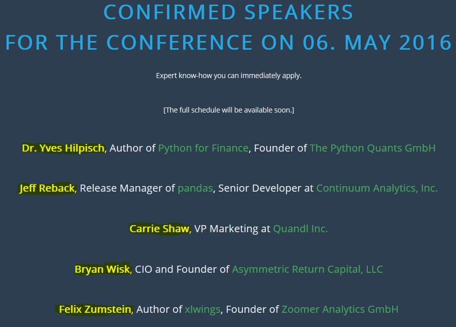 CQFInstitute's tweet image. FIVE Confirmed Speakers for #PythonQuantsConf in #NewYork / May 6th 2016 / Early Bird Tickets ON SALE NOW! - fpq.io