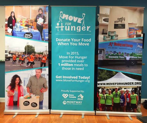 MoveForHunger's tweet photo. All put together and ready to go! Can't wait for @AMSAProMover 's conference in #NOLA to display our new banners! https://t.co/QlDBPhAnuA
