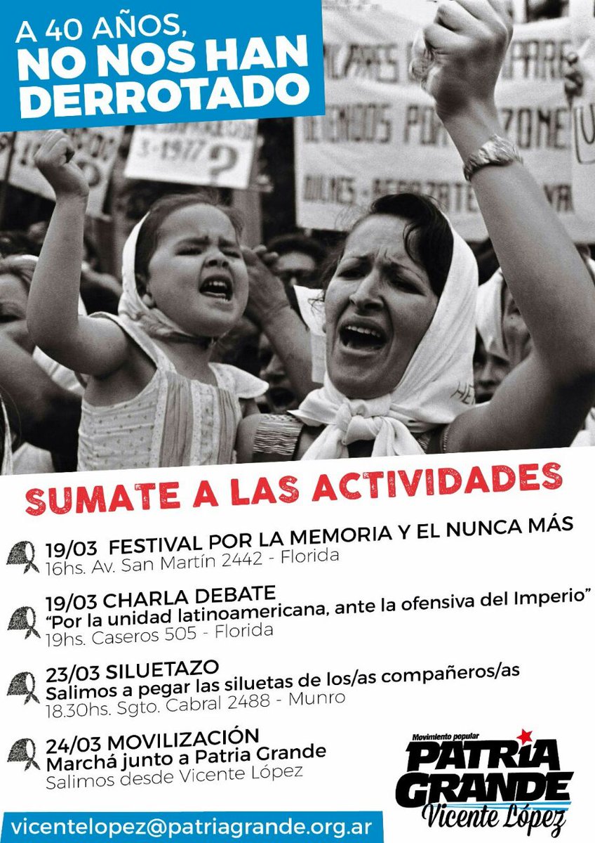 PatriaGrandeArg's tweet photo. #VicenteLópez este sábado festival y charla debate a  #40DelGolpeEnArgentina #NoNosHanDerrotado https://t.co/006cIxnc6X