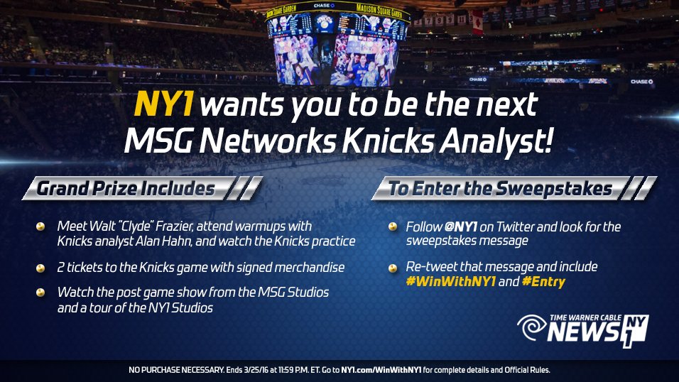 MSGNetworks's tweet photo. Follow @NY1 & RT with #WinWithNY1 #Entry for a chance to win a special @NYKnicks experience https://t.co/bAxdhoOljW https://t.co/yAuF0AEioH