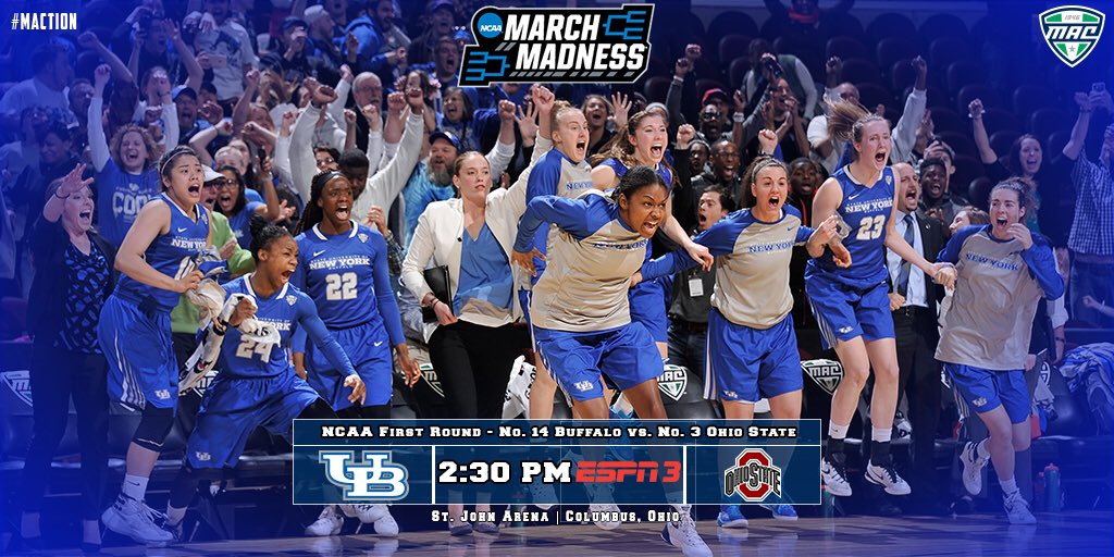 MACSports's tweet photo. Who is ready for some #HornsUp!? Buffalo takes the court in just over an hour! #UBDancing #MarchMadness #MACtion 🏀🤘🏻 https://t.co/LTe6r6xUxf
