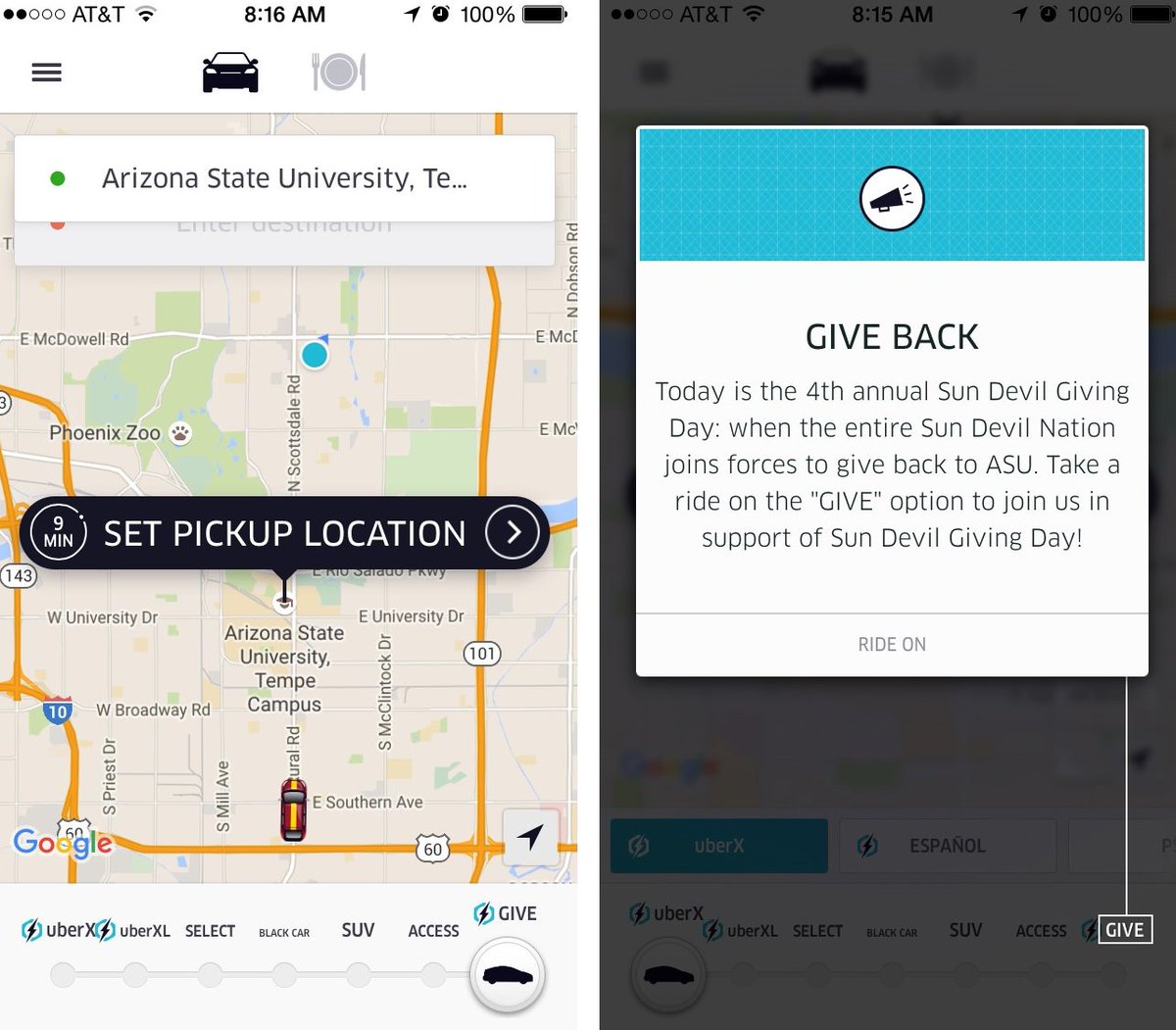 asufoundation's tweet photo. Taking an @Uber_AZ today? Choose the GIVE option to support @ASU on #SunDevilGiving Day! https://t.co/8i1JwijmUv