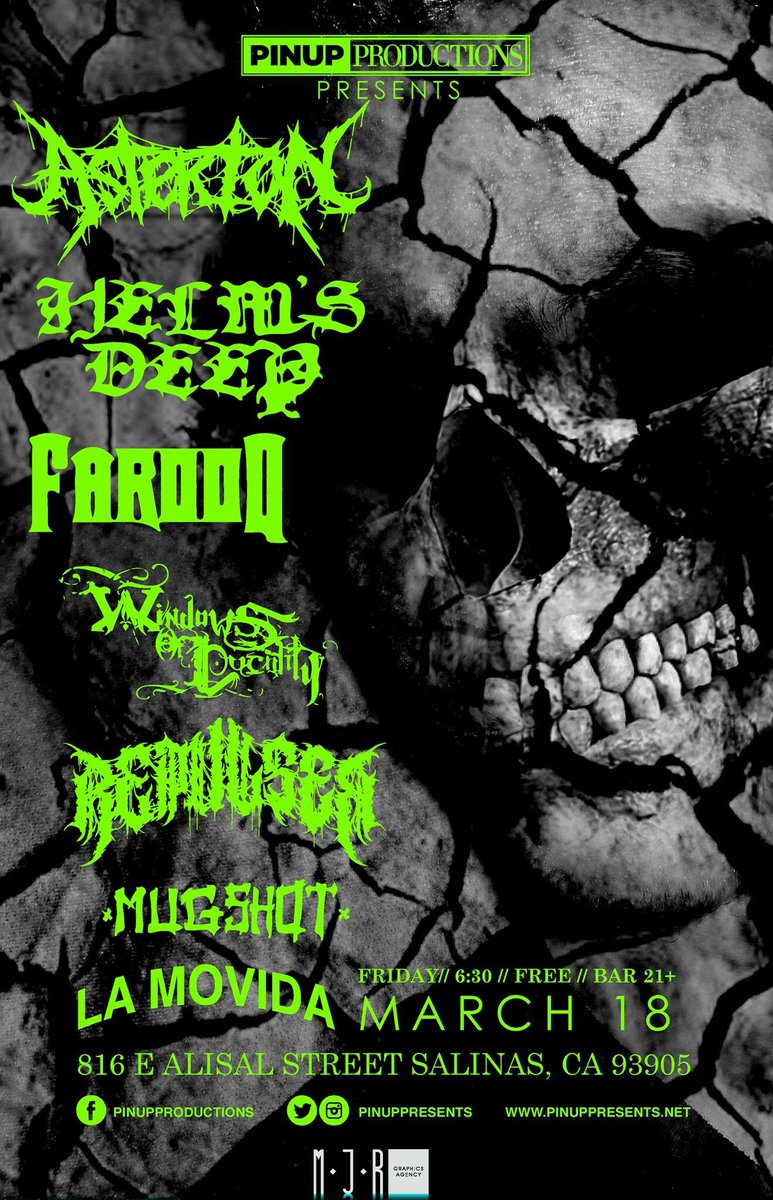 PinUpPresents's tweet photo. TONIGHT in salinas: @AsterionShred @HelmsxDeep @FarooqMosh #WindowsOfLucidity #Repulser #Mugshot *FREE SHOW* RT! https://t.co/BBkIDDdirx
