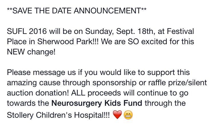 SUFL 2016//Sunday, Sept. 18//Festival Place #SUFL2016 #savethedate <a href="/neuro_kids/">Neurosurgery Kids</a> <a href="/StolleryKids/">Stollery Kids</a>