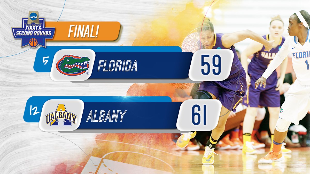 MarchMadnessWBB's tweet photo. UPSET! Albany uses a 15-0 fourth quarter run to win its first-ever #ncaaW tournament game! https://t.co/x718aGXsaa
