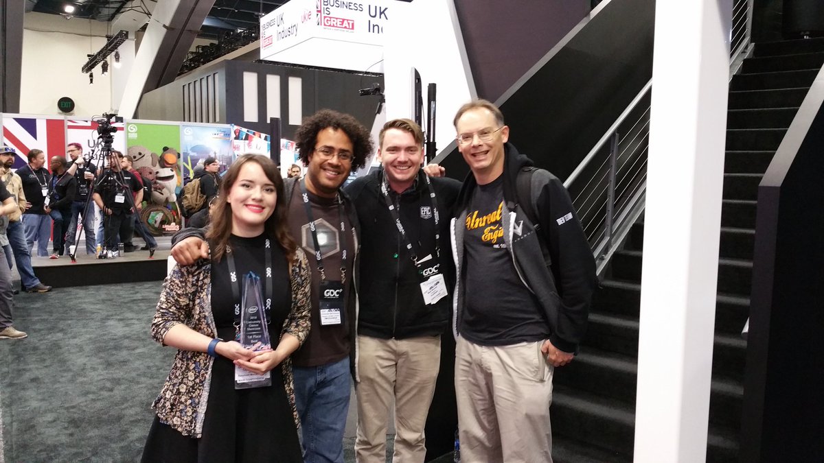 UnrealEngine's tweet image. The creators of Inua from @smuguildhall stopped by with their first place trophy #IUGS #intelgamedev #UE4