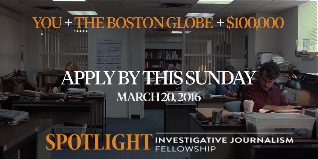 Participant News (@participantnews) on Twitter photo 3 days left to apply for the Spotlight Investigative Journalism Fellowship: bit.ly/1nNy6Id <a href="/SpotlightMovie/">SPOTLIGHT Movie</a> 3 days left to apply for the Spotlight Investigative Journalism Fellowship: bit.ly/1nNy6Id <a href="/SpotlightMovie/">SPOTLIGHT Movie</a>