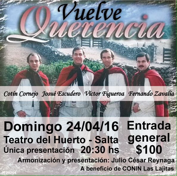 AteneoSalta's tweet photo. #VuelveQuerencia a beneficio de #CONIN #Lajitas Ayudemos a difundir @LuuuuBa @piliimartinez @javierperetti 🎵🎶🙌👪 https://t.co/BCYIq59vGw