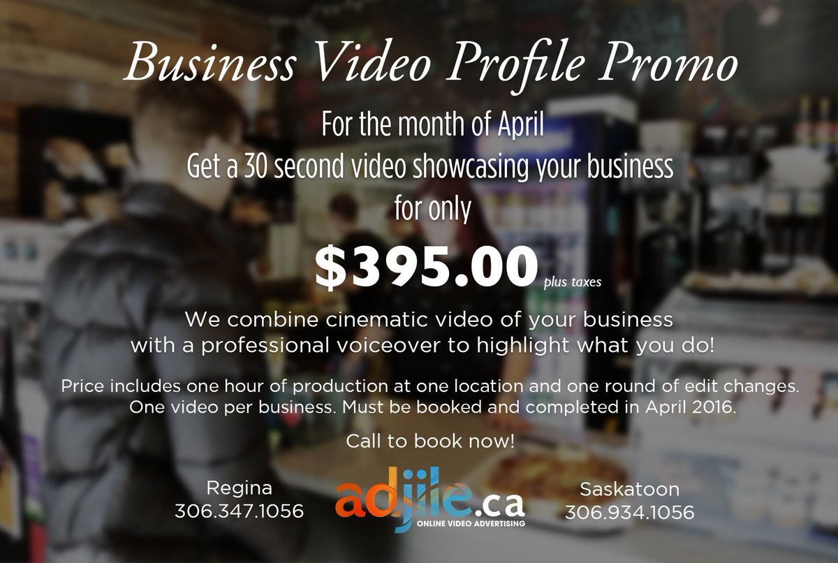 adjile's tweet photo. Revamp your business this Spring with a video!  #videomarketing #yqr #yxe https://t.co/NHVjmz3V8d