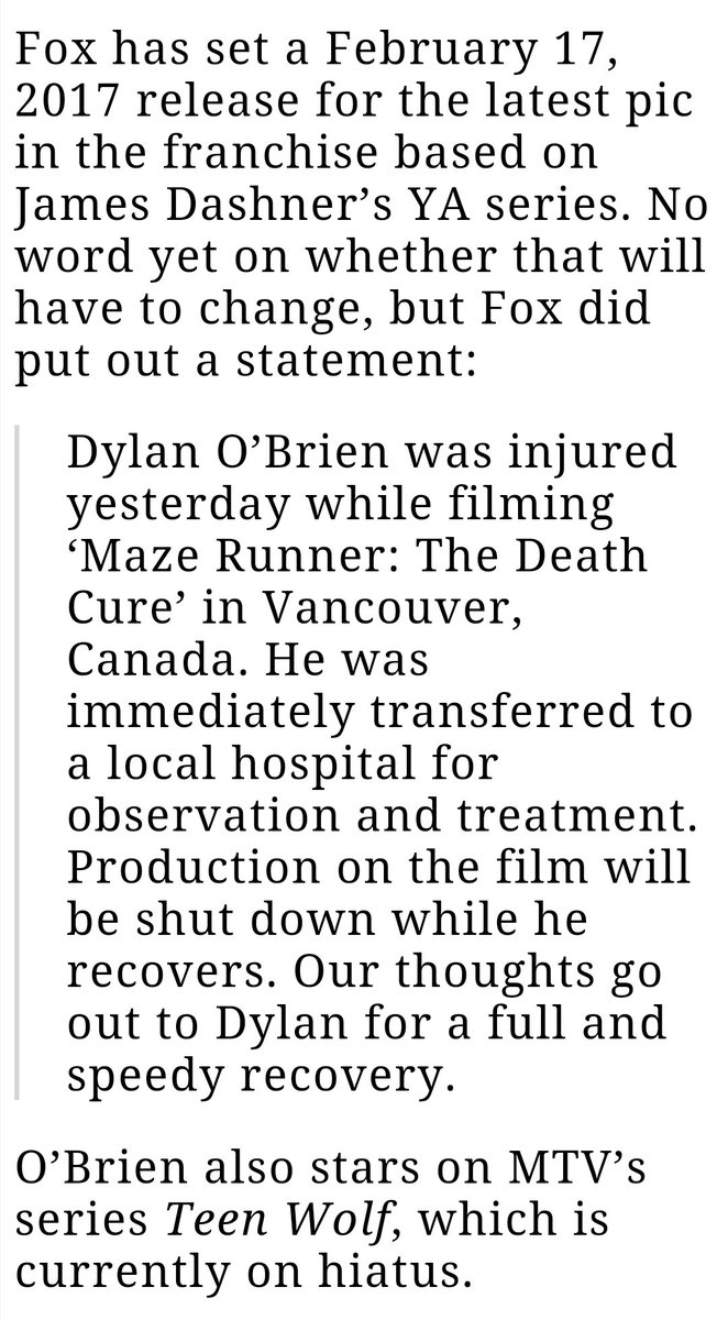 MazeRunnerWW's tweet photo. Update on Dylan O'Brien's injuries and statement from Fox [via https://t.co/PeF4rIMDnB] https://t.co/xaVRINSj3m