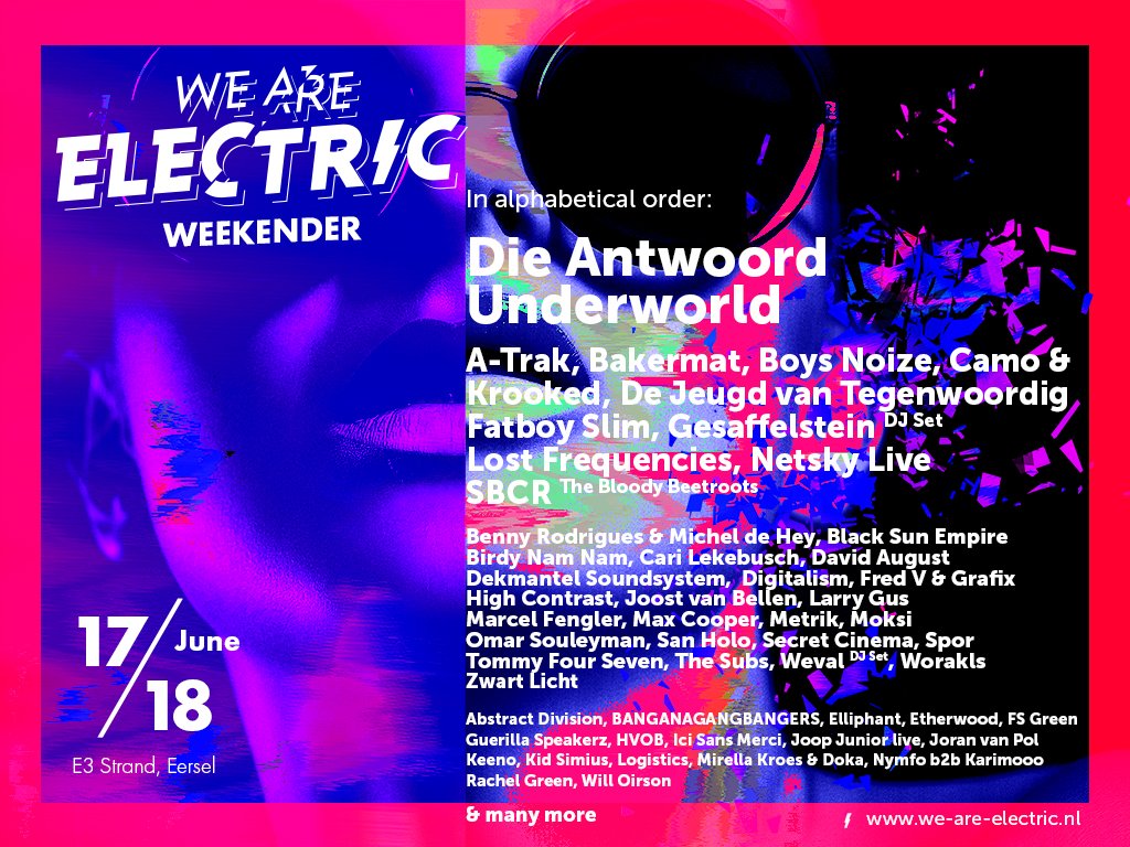 99Festivals's tweet photo. 14 nieuwe namen voor We Are Electric 2016! https://t.co/U8BYIPmstU @WAEfestival #WAE16 #WAE2016 #Paaspop #pp16 https://t.co/kD23X1qUWF