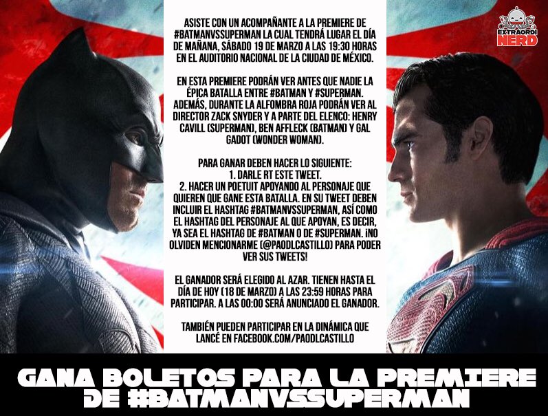 paodlcastillo's tweet photo. Para ganar un pase doble para la premiere de #BatmanVsSuperman, acá está la dinámica #QuiénGanará https://t.co/Xt8P3bZRKX