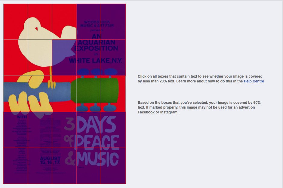 #Woodstock wouldn't happen today! @Facebook's Ad Policies dictate max 20% text &amp; their poster had 60% #FacebookAds