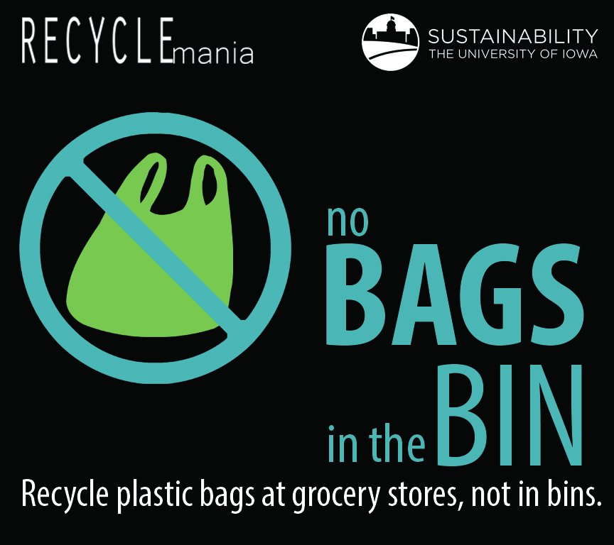 sustainUI's tweet photo. Keep plastic bags out of recycling bins @uiowa .Use a reusable bag instead. #RecycleMania2016 https://t.co/vZuuRKtEPf