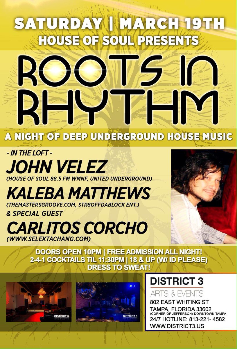 Tomorrow night at District 3 in downtown Tampa we bring you house music for your mind,your body and your soul.