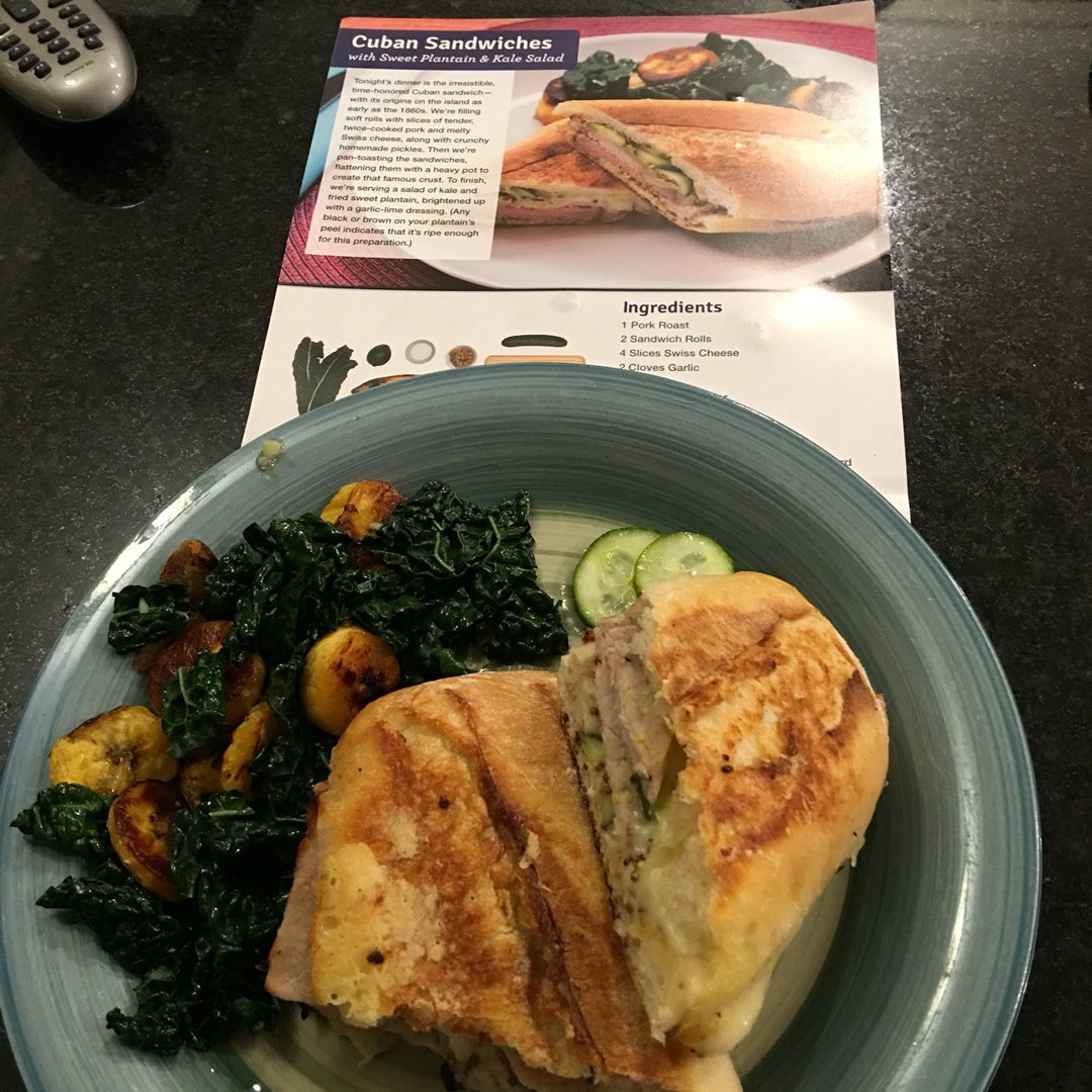 swakerly's tweet photo. Cuban Sandwiches with Sweet Plantain &amp; Kale Salad #blueapron https://t.co/JrUQEK7VGV