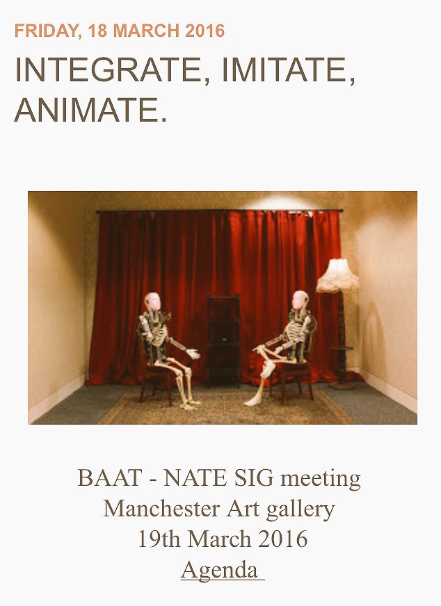 Excited to be back <a href="/MAGlearning/">Mcr Art Gallery Learning</a> for another <a href="/baat_org/">British Association of Art Therapists (BAAT)</a> #NATE gathering. Tomorrow's focus #integrate #imitate #animate