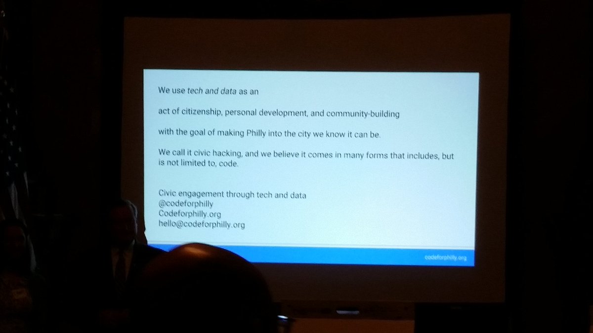 StartupPHL's tweet photo. Evangelizing #opendata in #philly. B/c we are amazing. #DemocracyInAction #democracyhackathon @de_mcdougs @timwis https://t.co/860vCZtlWw