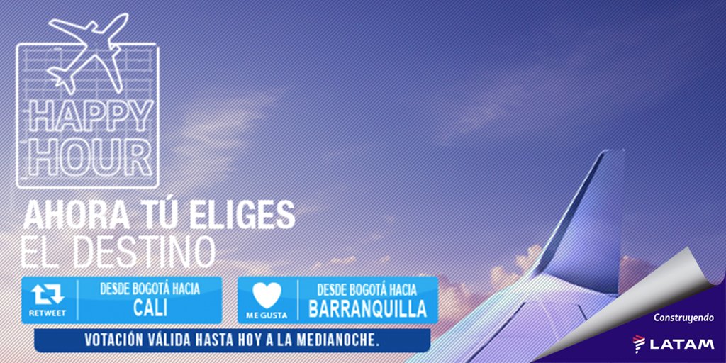 LATAM_CO's tweet photo. ¡Llegó el momento de elegir tu destino con el #HappyHourLAN! Usa Me gusta para ir a #Barranquilla o RT para #Cali. https://t.co/FcBKKxyN5U