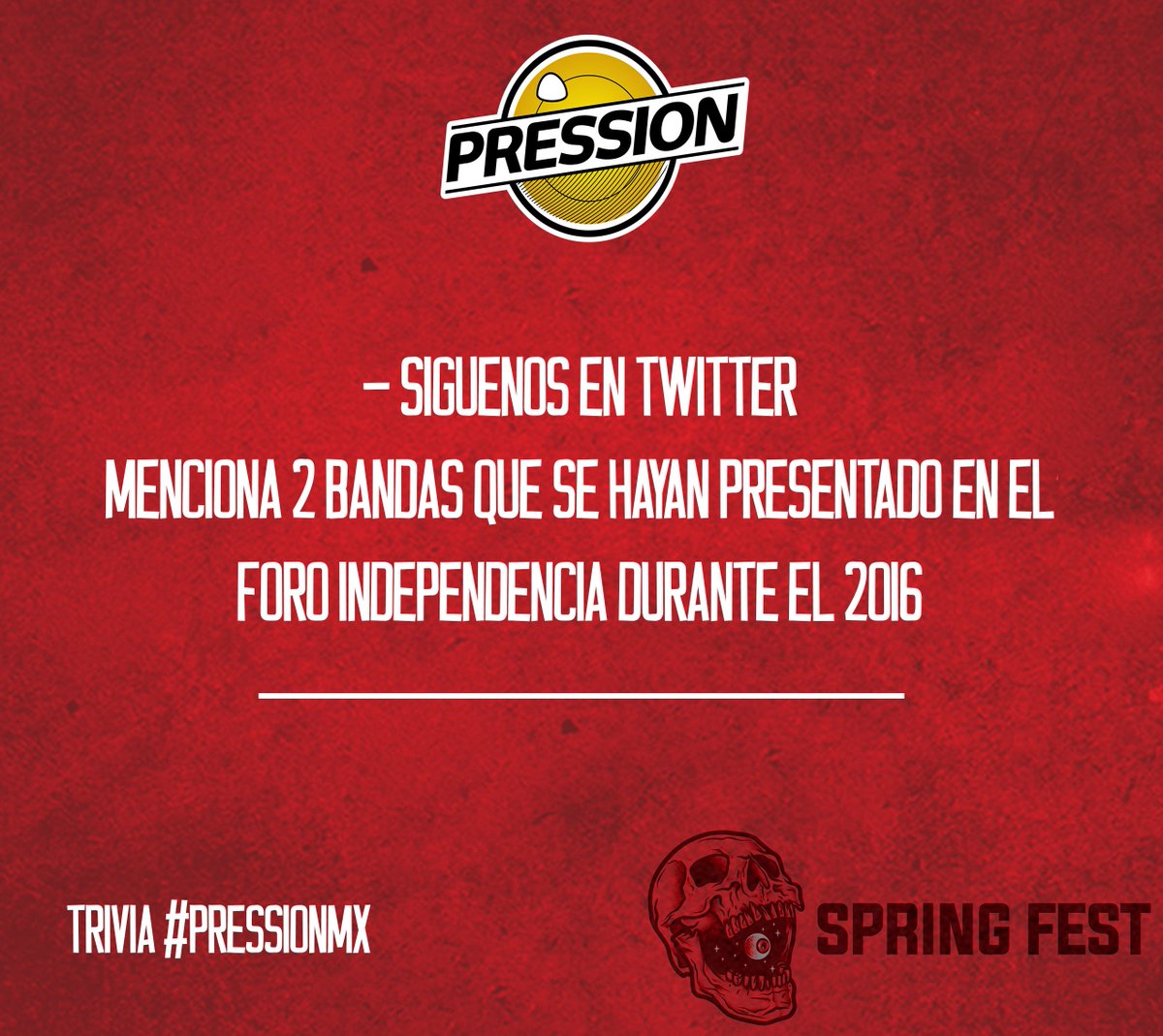 pressionmx's tweet photo. Va la última cortesía para el #SpringFest en el @foindependencia a la primer persona que responda correctamente... https://t.co/HS7XFgNRy4