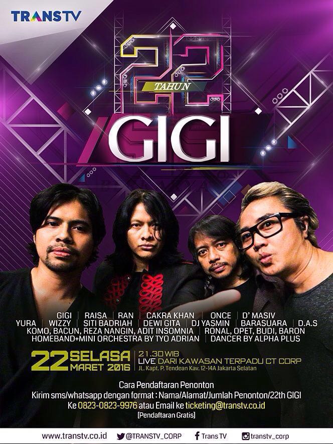KTD_TransTV's tweet photo. 22 TAHUN GIGI -- Tanggal 22 Maret 2016 LIVE jam 21:30 @TRANSTV_CORP dont miss it 😊😊 https://t.co/wHfHENfdTL