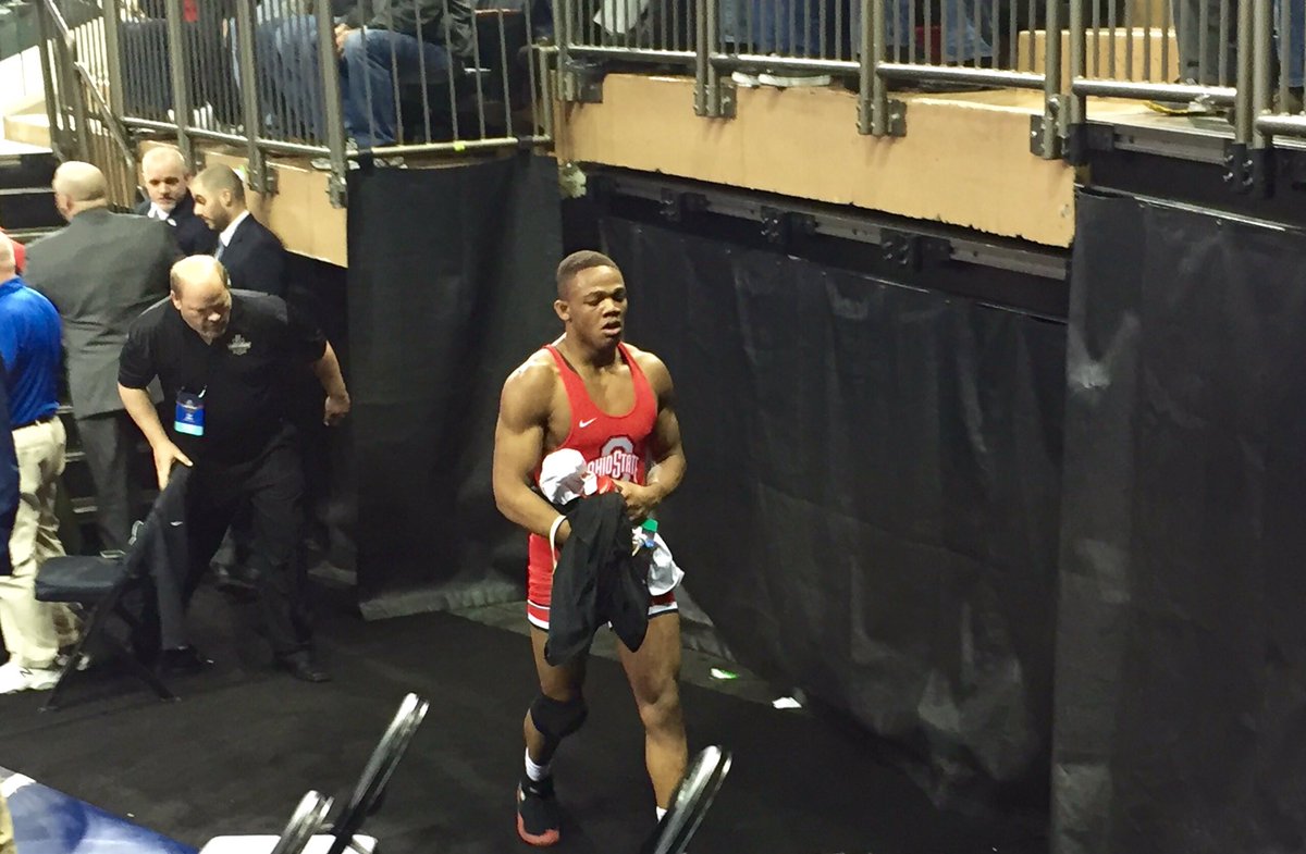 NCAAWrestling's tweet photo. True Fr. Myles Martin of @wrestlingbucks exits the floor. The next time he steps on the mat, it'll be the FINALS! https://t.co/XKYqZGBHi0