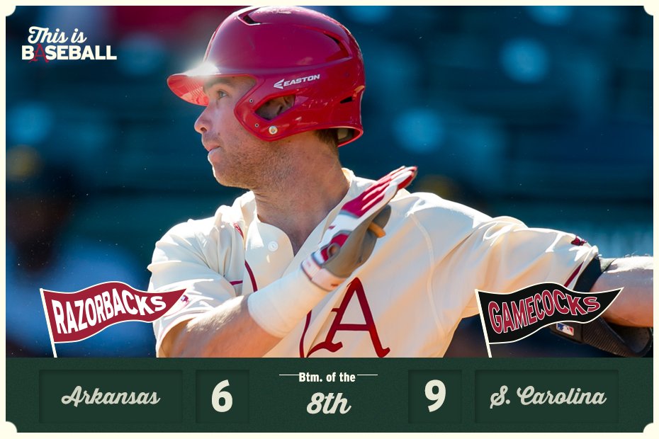 RazorbackBSB's tweet photo. Bonfield's home run has the Hogs back in this one as we go to the bottom of the eighth. Let's go #RallyHogs. #WPS https://t.co/w1ODanWOAI