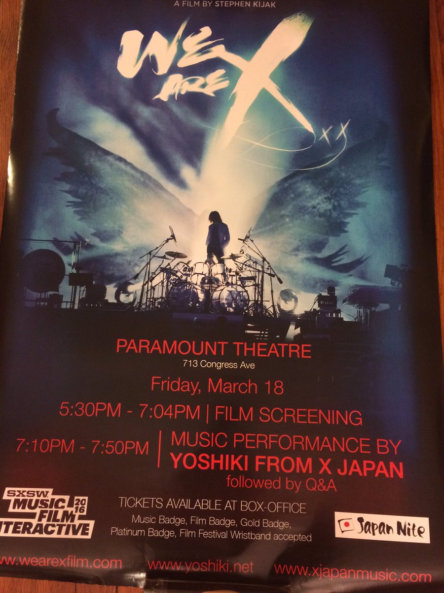 pinkspider78's tweet photo. @YoshikiOfficial @wearexfilm
#WeAreXfilm #sxsw #xjapan #TeamYoshiki #bestpicture2016
I'm So Happy♡♡ (乂∀`*) https://t.co/6x39n5P1qo