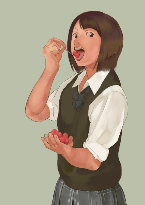 さくらんぼ食べてるJK描いた。うるさくない厚塗りみたいのを目指したいですな。 