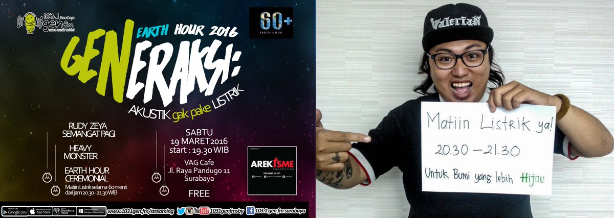 #GENERAKSIEarthHour #EarthHour brng <a href="/Arekisme/">Arekisme Foundation</a> <a href="/DimasValerian/">Dimas Valerian</a> dari <a href="/ValerianBand/">Valerian</a> ngajak utk matiin lampu nanti mlm.
