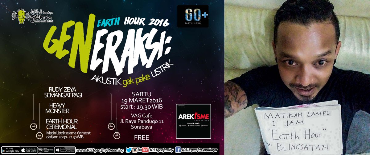 #GENERAKSIEarthHour #EarthHour brng <a href="/Arekisme/">Arekisme Foundation</a> teman2 dari <a href="/Blingsatan_band/">BLINGSATANOFFICIAL</a> jg ajakin utk matiin lampu nanti mlm.