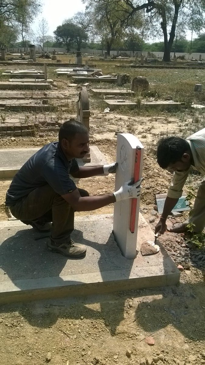 ApGolmei's tweet photo. Head Mason Ranjeet Ram replacing @CWGC headstones in Kanpur Cantonment Cemetery, India. @SiJFletch @grai007 https://t.co/5xExyjaIGR