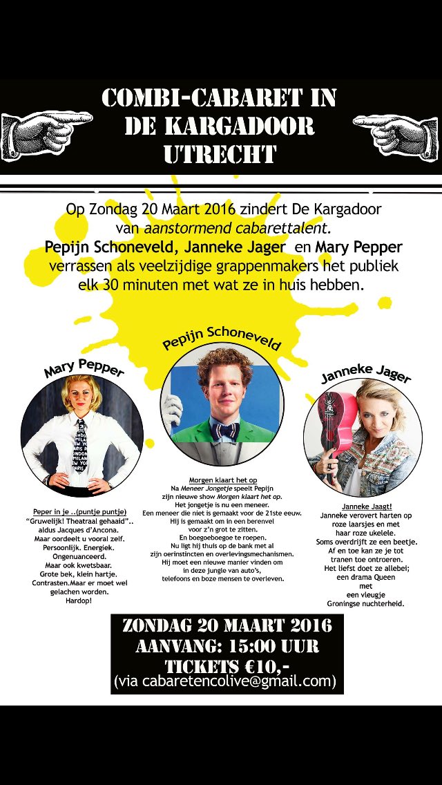 VeryMaryPepper's tweet photo. Zondag 20 Maart 15:00 uur @kargadoor in Utrecht, 3 cabaretiers voor de prijs van 1! @JannekeJager77 @pepschoneveld https://t.co/uFWnZBzD60