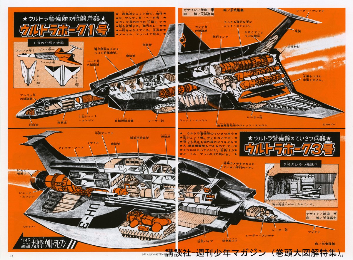 mic2mizuki's tweet photo. ◆秋田書店は1968年に講談社より借用《怪獣ウルトラ図鑑》⦿作家に承諾なく、作家名抹消（人格権侵害）タイトルの間違い、レイアウト変更◼︎許諾を受けていない違法出版物
❖週刊少年マガジンの原本1967年45号特集より《巻頭大図解特集》 https://t.co/ZbUARILEWr