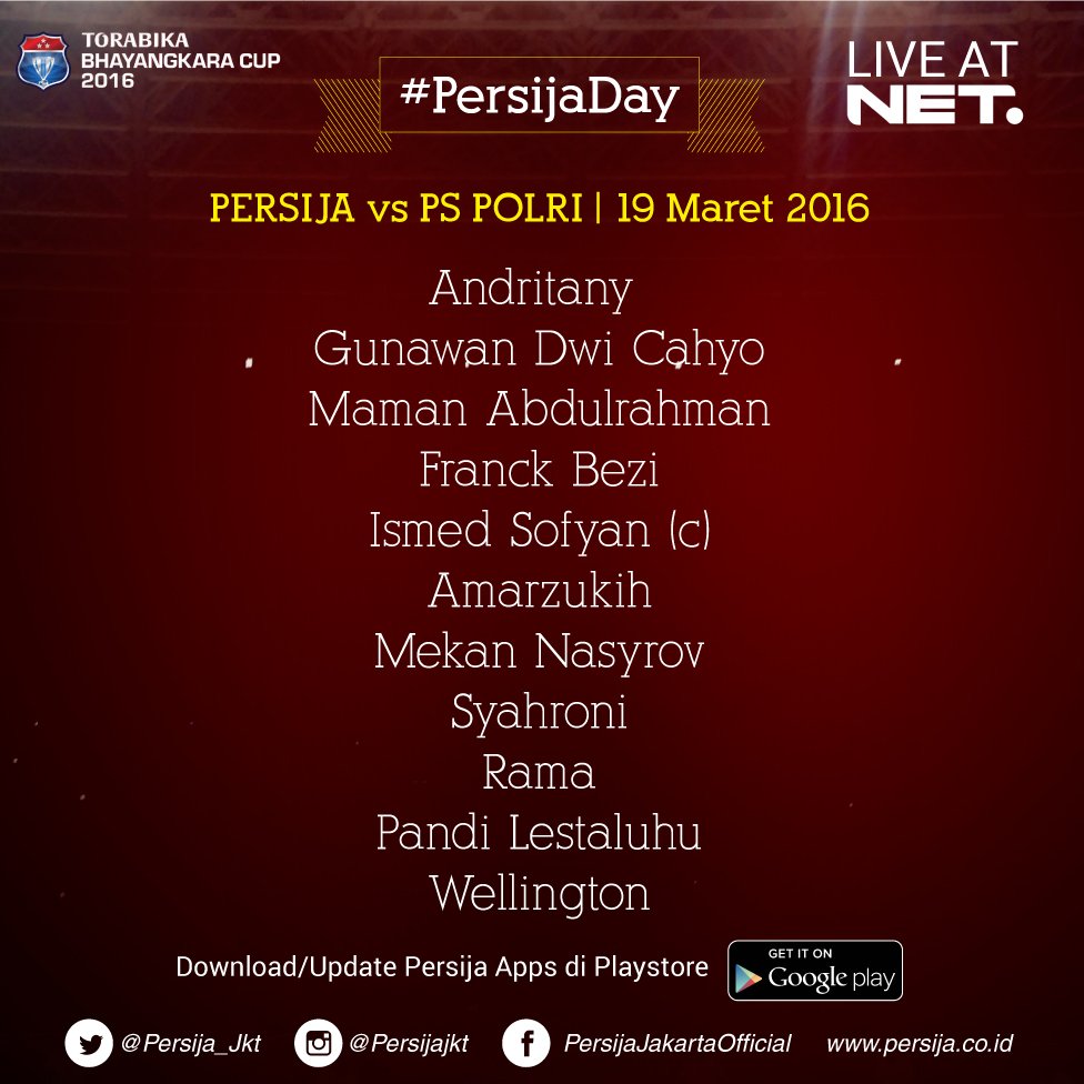 Line Up Persija vs PS Polri.
#GuePersija
#RumahPersija
#PersijaDay