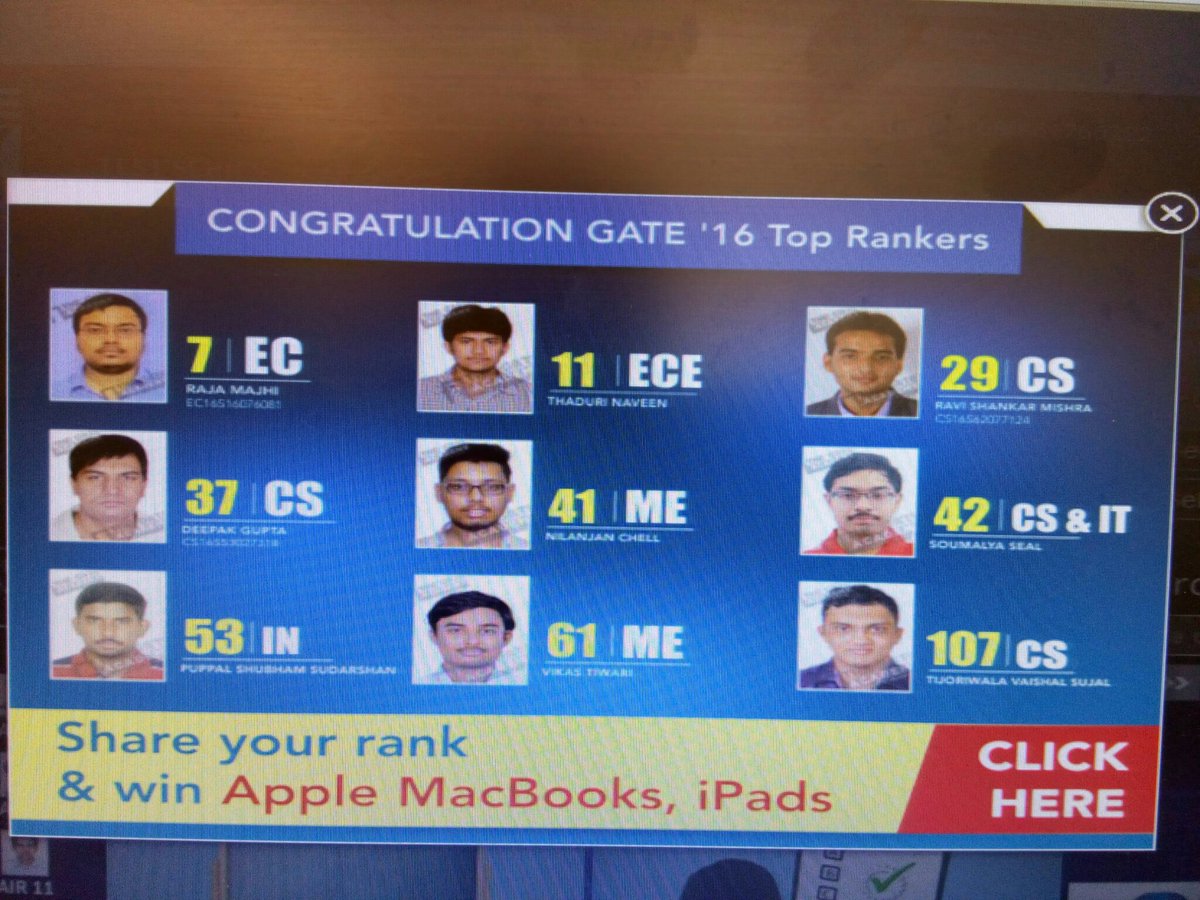 TGAPune's tweet photo. #TheGateAcademy #GATE2016_result share your #rank &amp; win #AppleMacbook_iPad https://t.co/hKI51QtueJ https://t.co/h7gEUtRAmF